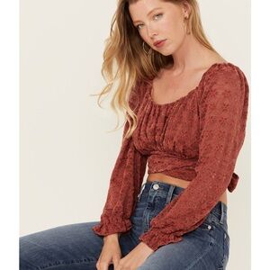 Beyond the Radar women’s floral lace long sleeve tie back cropped shirt